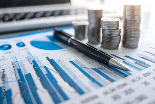 Closeup of financial documents showing bar graphs pie charts and stacks of coins with a black pen resting on top