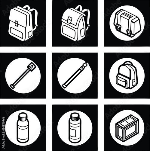 School Essentials: A minimalist monochrome illustration featuring school bags, a flute, and other necessary items, evoking the essence of learning and education.