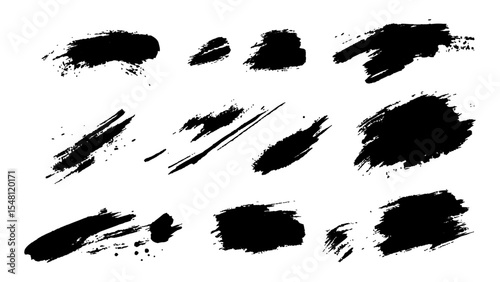 Different brush strokes in black paint on a white background. Brush strokes vector collection featuring clean, textured. Black ink brush strokes collection isolated on white background. 