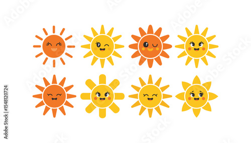 Cute Cartoon Sun Icons Collection – Smiling and Happy Sun Character Set.