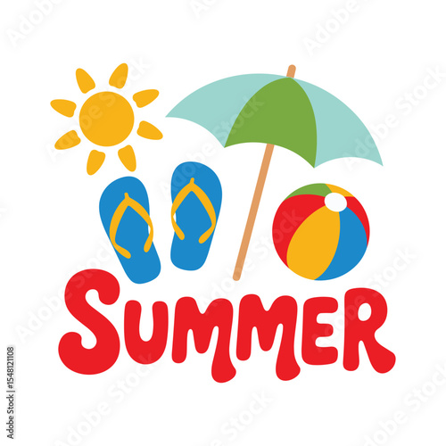 Colorful Summer Beach Elements Sun, Umbrella, Flip Flops and Ball Illustration.