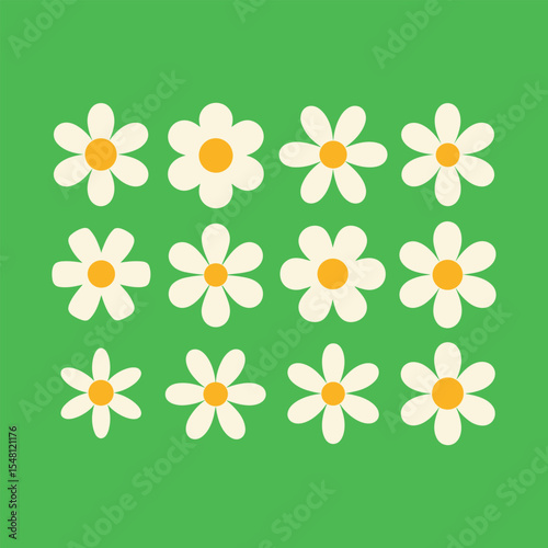 Daisy Flower Icon Set Flat Vector Floral Graphics on Green Background.