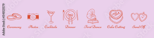 Wedding timeline icons set. Hand drawn linear vector symbols for romantic ceremony, photos, dinner, dance, cake. Elegant doodle line art minimalist style for invitation, infographic, planning.