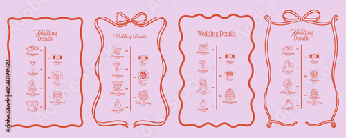 Wedding timeline infographic with minimalist schedule variations, program cards. Linear icons for ceremony, dinner, cake, dance. Elegant outline design for printed wedding materials, invitation.