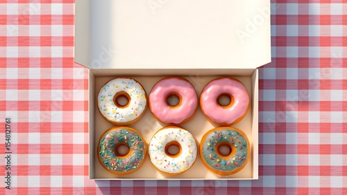 Six delicious donuts in a box on gingham