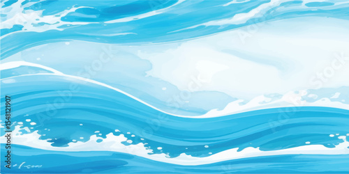 Vector Style Big Ocean Wave Texture with Blue Gradient, Transparent Flow Effects, and Detailed White Water Foam, Calm Watercolor Ocean Illustration with Aqua Blue Splash, Gentle Curved Waves