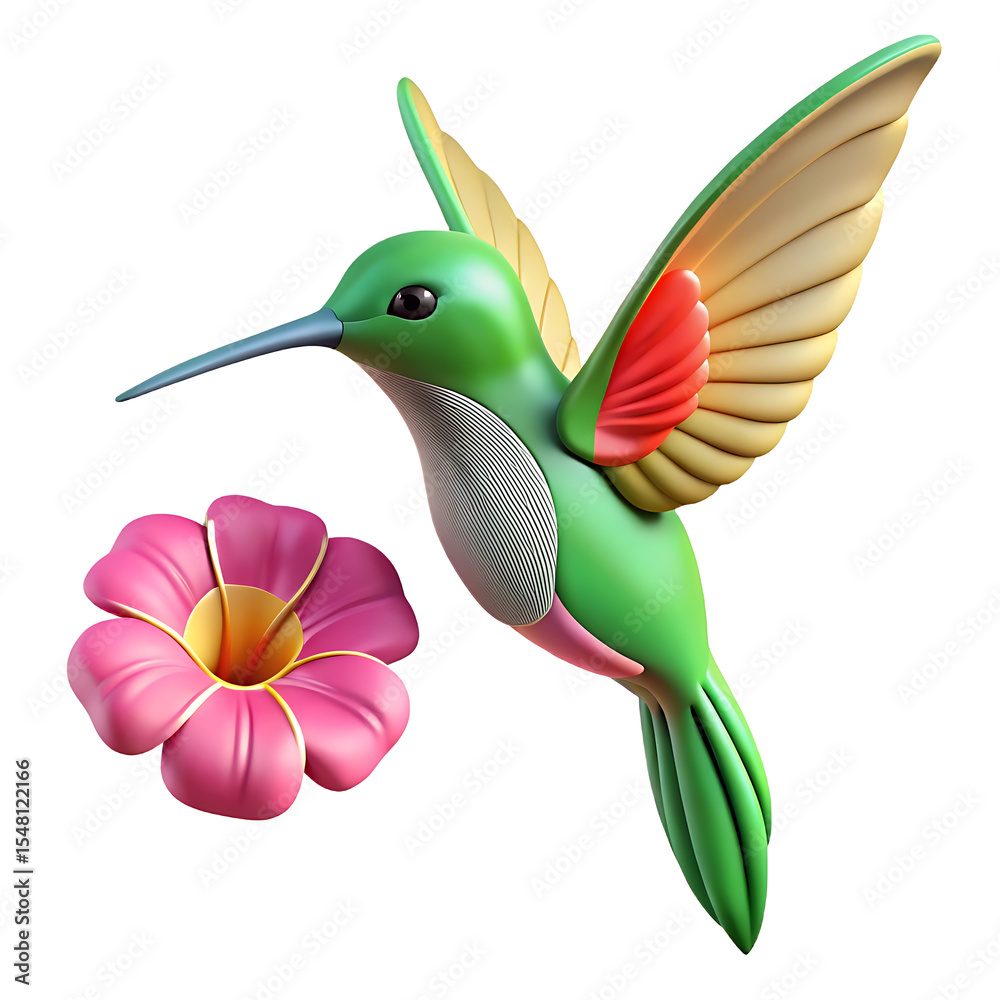 Obraz premium Hummingbird and flower 3d render isolated on white background