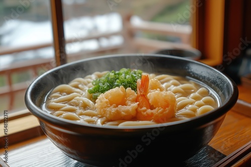 Steaming Udon Bowl With Tempura In A Snowy Quiet Japanese Inn