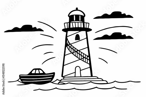 Vintage Lighthouse Illustration with a Small Boat