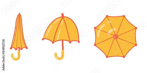 Umbrella folded in three variations, set of isolated design elements. Hand-drawn in naive playful style. Bright yellow color with red decoration. For children’s accessories branding, educational games