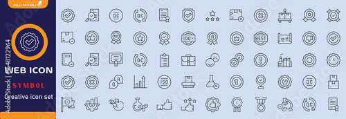 Quality control set of web icons in line style. Quality Check computing icons for web and mobile app. Containing inspection, evaluation, production, quality assurance, certificate, testing and more