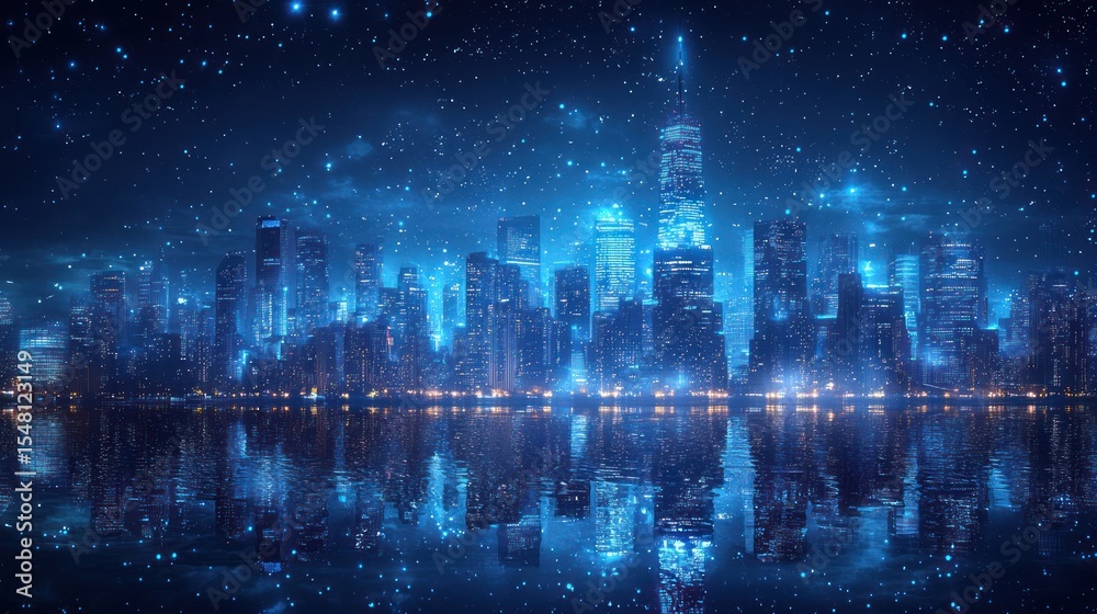 Fototapeta premium Night Cityscape Reflection, Starry Sky, Metropolis, Neon Lights