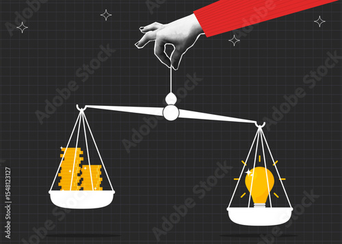 Collage halftone banner with hand holds scales on which light bulb is heavier than coins. Concept that business idea is better than money. Collage poster with halftone elements. Vector.