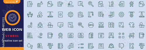 Quality control set of web icons in line style. Quality Check computing icons for web and mobile app. Containing inspection, evaluation, production, quality assurance, certificate, testing and more