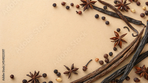 Light brown background and dried vanilla fruits