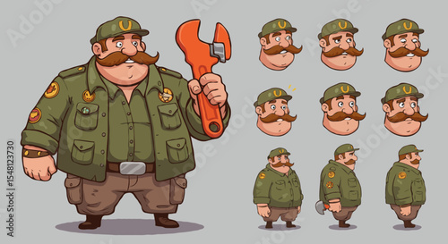 Friendly cartoon mechanic character sheet with various expressions holding a wrench on a grey background with spaces for text.