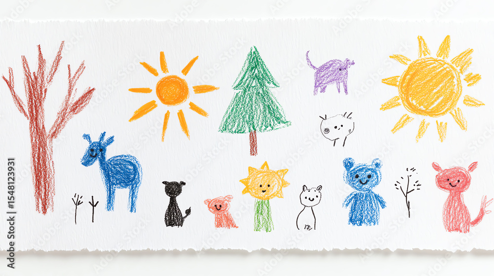Fototapeta premium Colorful kid's drawings depicting animals, trees, and sun, celebrating childhood creativity and imagination.