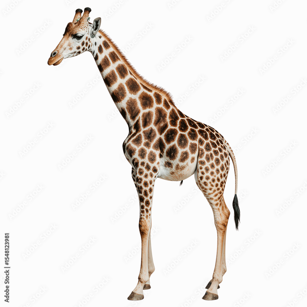 Naklejka premium Majestic Giraffe in Profile: A towering giraffe stands gracefully, showcasing its unique patterned coat and long neck. Its striking features, from its expressive eyes to its elegant posture.