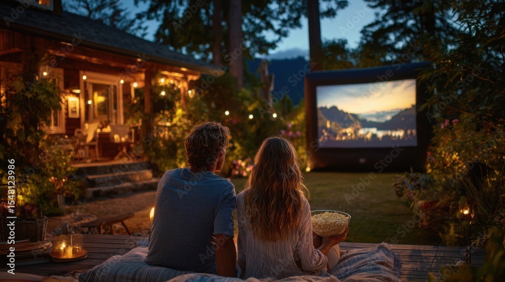 Naklejka premium Couples gather in a beautifully lit garden for an outdoor movie night. They sit on blankets, sharing popcorn while watching a film projected onto a large screen.