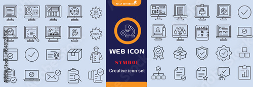 Quality control set of web icons in line style. Quality Check computing icons for web and mobile app. Containing inspection, evaluation, production, quality assurance, certificate, testing and more