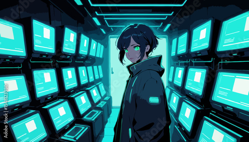 Mysterious young hacker with glowing green eyes standing in a dark server room full of computer monitors.