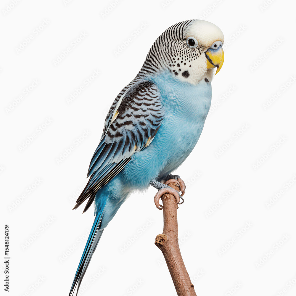 Fototapeta premium Azure Budgerigar Perched: This striking close-up showcases a vibrant blue budgerigar perched elegantly, its feathers impeccably detailed, and its gaze inquisitive.