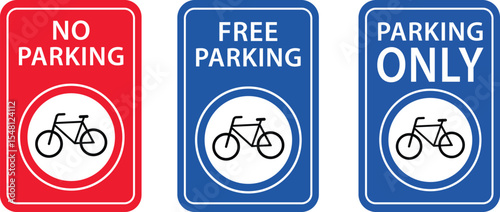 No bicycle parking sign, symbol, logo, label, icon set. Not allow bicycle sign board. No sign badge, icon, sticker, label, emblem, stamp,  black, line, flat vector, isolated illustration.