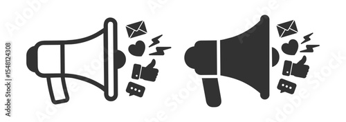 Megaphone with social media elements like message, like, heart, chat, and email icon on transparent background
