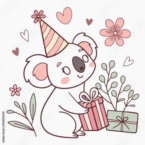 An adorable Koala with a Content vibe, wearing a party hat, and a Mom’s Garden Mother’s Day theme – SVG style