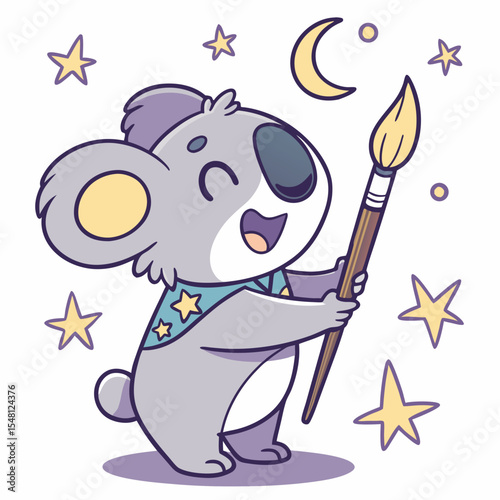 SVG art: A Joyful Koala in a Starry night vibe with holding a paintbrush, tinted with Magical Night tones