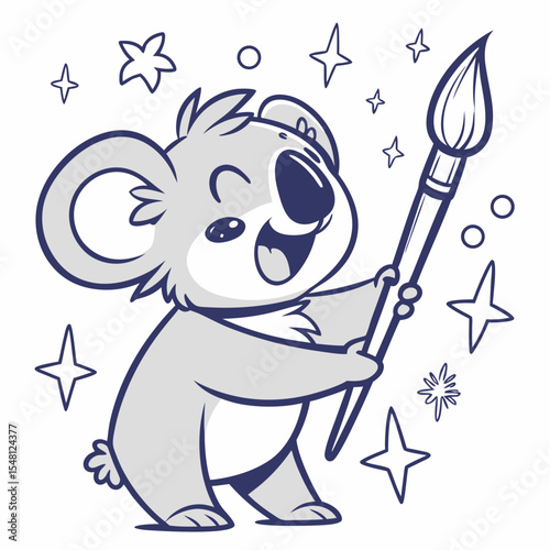 SVG art: A Joyful Koala in a Starry night vibe with holding a paintbrush, tinted with Magical Night tones