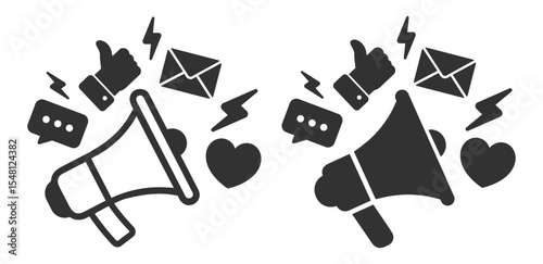Megaphone with social media elements like message, like, heart, chat, and email icon on transparent background