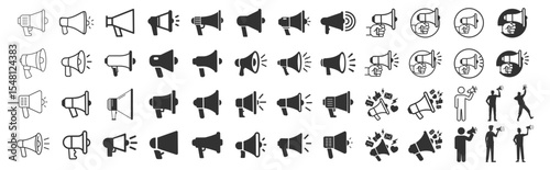 Megaphone icon set, loudspeaker symbol, announcement and advertising vector illustration, business promotion sign, megaphone logo design with sound on transparent background
