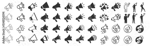 Megaphone icons collection, loudspeaker symbol, set announcement, speaker, advertising, promotion design, vector illustration isolated on transparent background