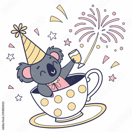 A Content Koala with sitting in a teacup ride in a New Year celebration theme – Midnight Sparkle palette SVG illustration