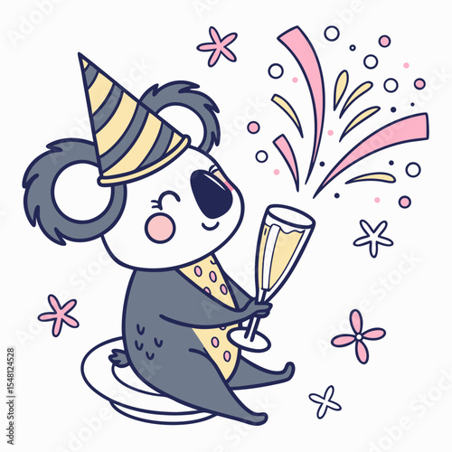 A Content Koala with sitting in a teacup ride in a New Year celebration theme – Midnight Sparkle palette SVG illustration
