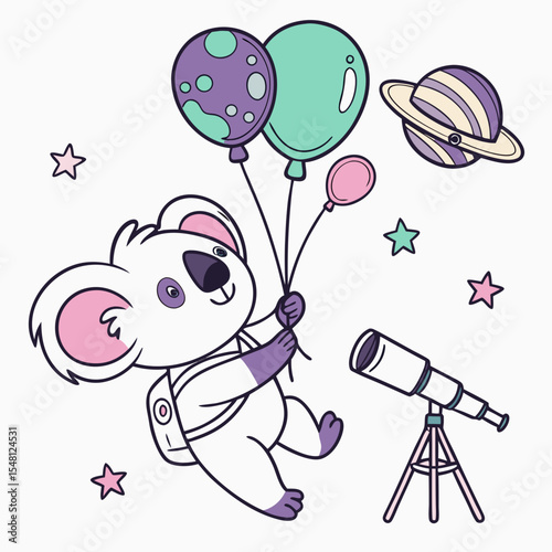 SVG art: A Happy Koala in a Galaxy Dreams vibe with floating with balloons, tinted with Starlight Mix tones
