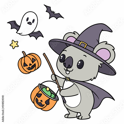 Playful Koala with with a magic wand, set in a charming Halloween theme – Spooky Fun color vector art