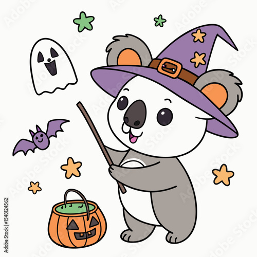 Playful Koala with with a magic wand, set in a charming Halloween theme – Spooky Fun color vector art