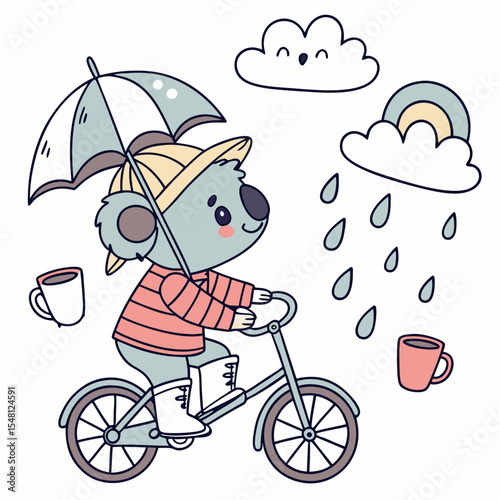 Cute Dreamy Koala, accessorized with riding a bicycle, in a Rainy day world – Raindrop Calm palette vector