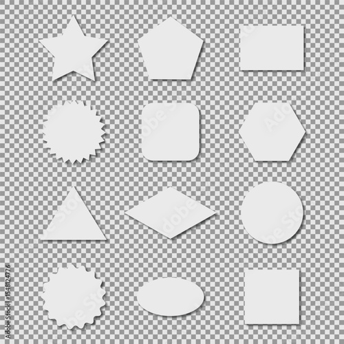 Set of white geometric shapes with soft shadows on transparent background