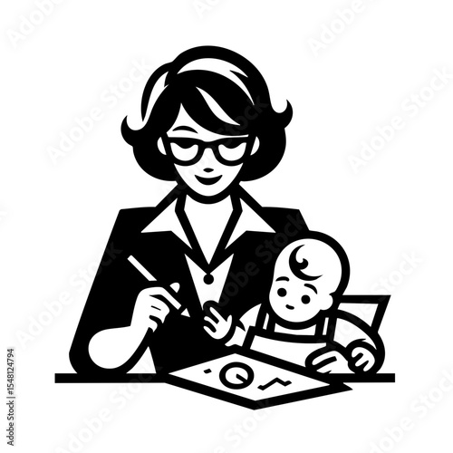 Woman with a caring mood holding a baby while working representing working mothers