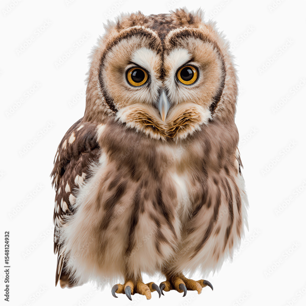 Fototapeta premium Wise Owl's Perch: An up-close shot of a striking owl, with piercing gaze and intricate feather patterns, conveys wisdom and observation. This image captures the essence of natural beauty.