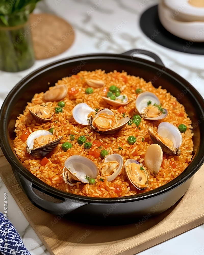 Delicious Seafood Paella: Vibrant Dish of Rice, Clams, and Peas Delicious Seafood Paella: Vibrant Dish of Rice, Clams, and Peas