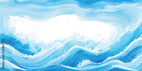 Dynamic Blue and White Water Wave Composition with Intricate Transparent Layers and Soft Fluid Watercolor Detailing, Blue Watercolor Wave Background with Transparent White Splash