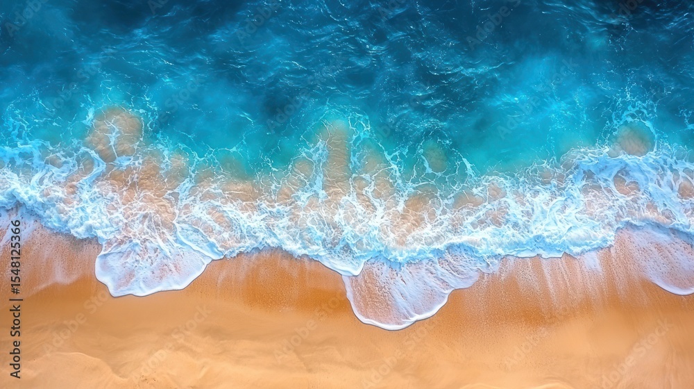 Fototapeta premium Aerial view of turquoise waves crashing on golden beach