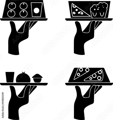 outline silhouette food tray on a hand icon set.eps