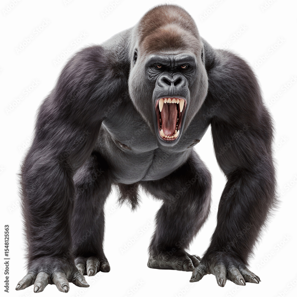Fototapeta premium Powerful Gorilla in a Stance of Might: A compelling, realistic depiction of a formidable gorilla, its imposing form set against a stark backdrop, showcasing raw strength and untamed wilderness