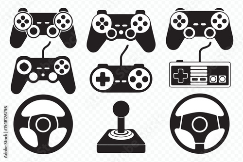 vector set of black and white gaming controllers including joysticks, steering wheels and various gamepads