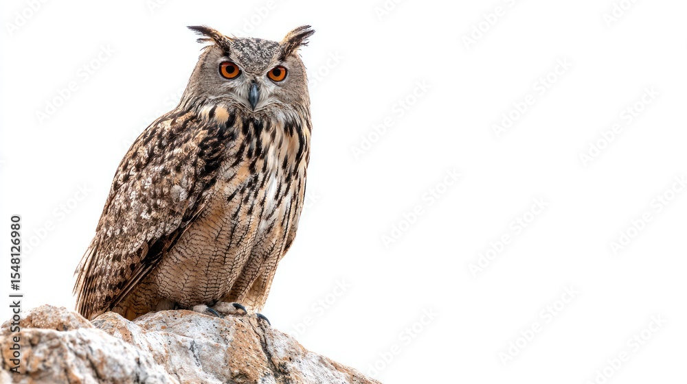 Naklejka premium Eagle-owl perched on rock against white